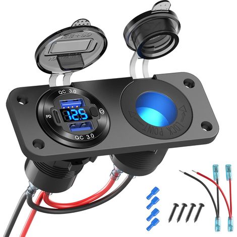 12 V USB Marine Switch Panel Socket, PD3.0 and Dual USB Port QC3.0 Aluminium Car Charger with LED Voltmeter, 150W Lighted Cigarette Lighter Socket 2 in 1 Kit for Boat Camping (1/5)