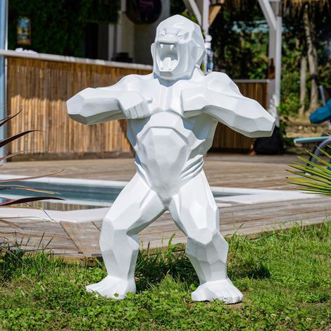Wanda Collection – Statue origami gorille blanc 80 cm – Ciment traité anti UV – Décoration moderne pour jardin et intérieur – Dimensions 62x23 cm