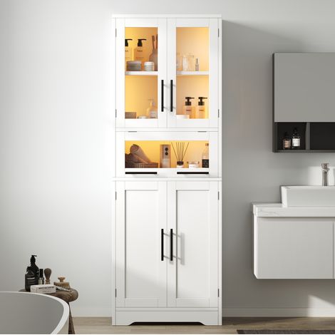 Badezimmer-Hochschrank MDF und Glas Weiß 60 cm freistehend mit Stauraum und App-gesteuerter LED-Beleuchtung (1/5)