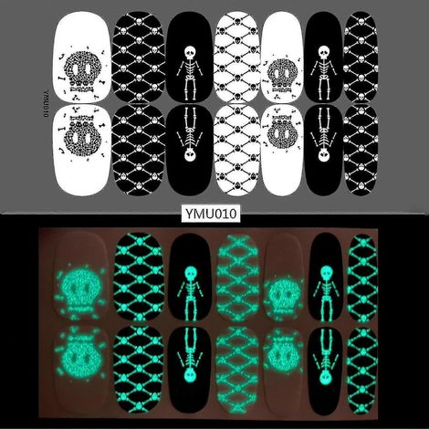 Leuchtende Nagelsticker, selbstklebend, atmungsaktiv, Totenkopf-Motiv, selbstklebende Nagelsticker für Halloween (1/2)