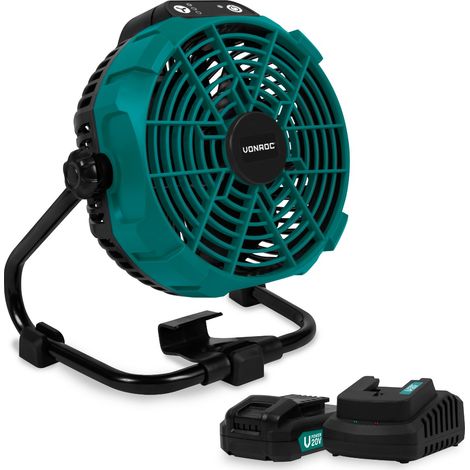 Akkubetriebener Ventilator 20V – Hybride Akku- oder Netzstromversorgung  Inklusive Netzteil – Inklusive 2 x 2,0-Ah-Akku und Schnellladegerät
