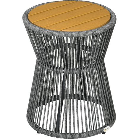 Table d'appoint extérieure en PE-Rattan avec plateau en plastique effet bois, pieds réglables, gris foncé et naturel (1/5)