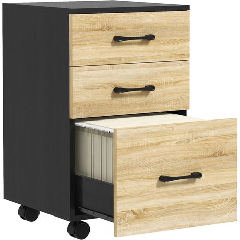 Mobiletto da ufficio con cassetti, ruote e asta appendiabiti per documenti, dimensioni 40x42x65 cm, colore rovere e nero.