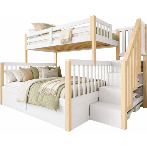 Litera 90x200 cm + 140x200 cm con almacenaje hidráulico, escalera con espacio, barandillas de seguridad y sin colchón, para dos personas, blanco y natural - CHICFURN (1/5)