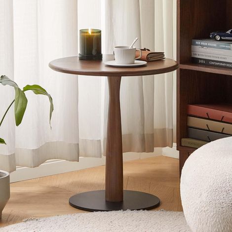 Table d'Appoint Ronde en Noyer Noir Massif, Bout de Canapé, Pied Central Courbé, Base en Métal Stable, Petite Table pour Salon, Chambre, Bureau, Balcon, 50 x 50 x 54 cm, Noyer Noir Naturel (1/5)