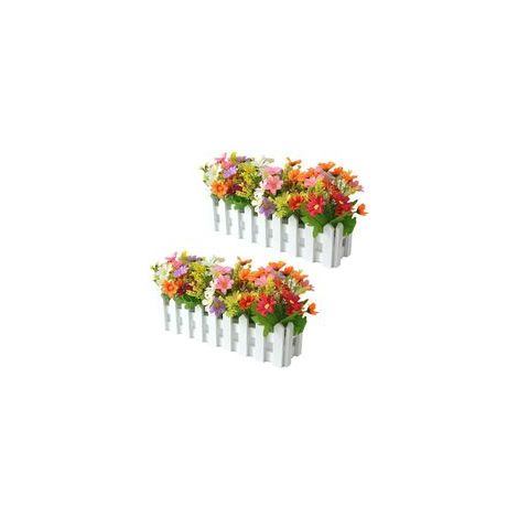 Fleurs artificielles en pot 30 cm – 2pcs avec clôture en bois – Décoration réaliste pour balcon et jardin – Fleur de soie durable