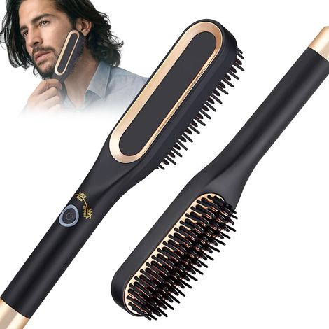 Piastra per barba da uomo, piastra per capelli da uomo, spazzola lisciante per barba, piastra per barba 2 in 1, 3 temperature regolabili 160℃-220℃, elimina l'effetto crespo, per lo styling di barba e (1/5)