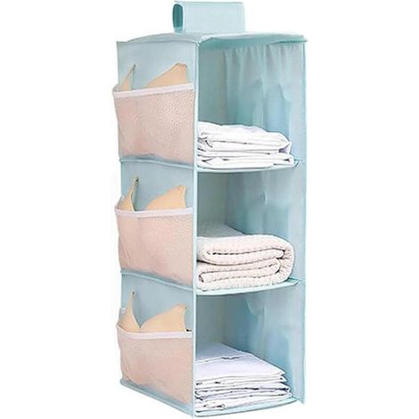 Estante colgante plegable, cesta de almacenamiento colgante para armario, 3 compartimentos, 9 bolsillos laterales, 22 x 30 x 60 cm (azul, tres capas) (1/5)