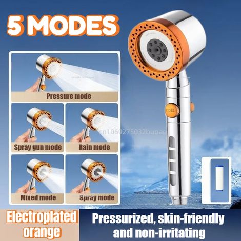 Pommeau de douche portable ABS à 5 jets (Orange) haute pression et grand débit, avec filtre spa et bouton d'arrêt, buse universelle pour salle de bain (1/5)