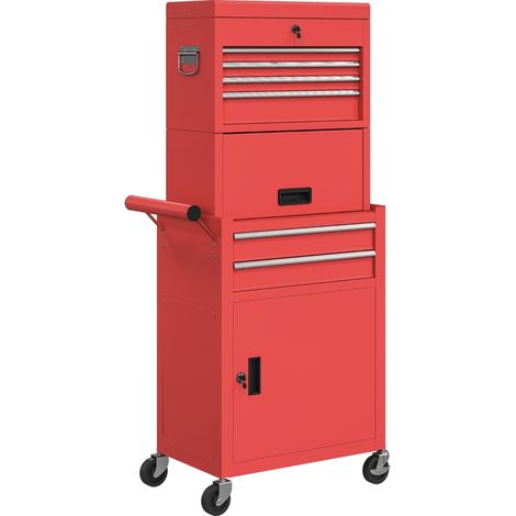 Armoire à outils roulante - 6 tiroirs - 2 armoires - Compartiment supérieur - Panneau perforé latéral - Acier (1/4)