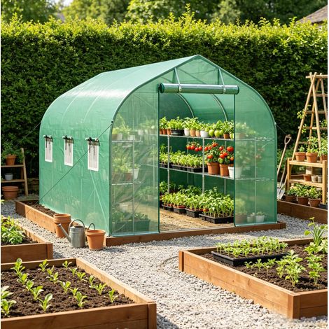 Gartentunnel-Gewächshaus mit Regalen, Tür und 6 Fenstern, verzinkter Stahl, grün OKMYHOME (1/5)