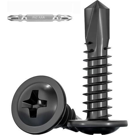 100 Pièces Vis Autoforeuse Metal Noir,M4,2x19mm Vis à Tôle Autotaraudese et Autoperceuse Autoperforante Inox 410 Cruciforme Tête Ronde Large Bombé avec 1 Bits pour Aluminium Bois Plastique. (1/5)