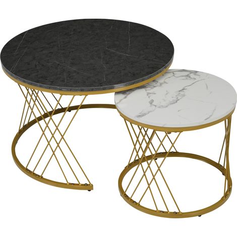 Runde Couchtische Gigognes 2er-Set mit Metallgestell, Hochglanz-Marmormuster, aus MDF, Grau, 70×70×45 cm (1/5)
