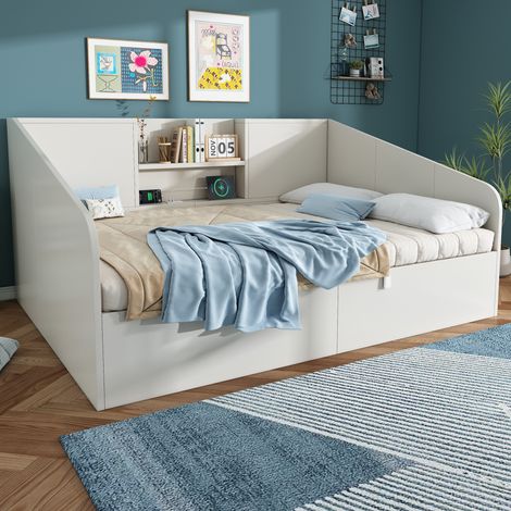 Lit de jour hydraulique 140x190 cm blanc, lit en bois avec 2 tablettes, grand espace de rangement et station de charge USB/Type C, sommier à lattes inclus, lit double compact (sans matelas) (1/5)