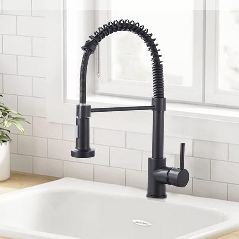 Mitigeur de cuisine noir pivotant 360°, robinet d'évier à col haut avec douchette extractible, 2 fonctions de jet, finition mat élégante pour évier moderne (1/5)