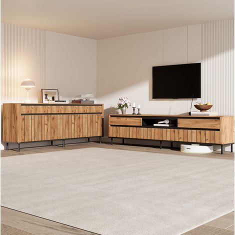 Meuble TV 4 portes 180 x 40 x 52 cm avec buffet 160 x 40 x 73 cm naturel et noir OKMYHOME (1/5)