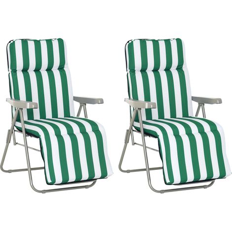 Sedia Sdraio da Spiaggia da 2 Pezzi Pieghevole e Reclinabile, Lettini Prendisole da Giardino con Cuscino Imbottito, Verde e Bianco