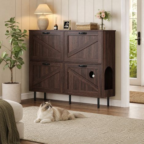 Mobile portascarpe stretto 120 x 28 x 92 cm, 4 ante, noce naturale DESVIAE (1/5)