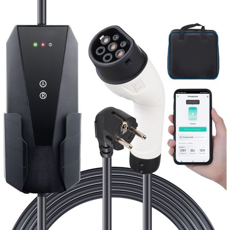 Chargeur EV Portable Type 2 – 16A 3,7 kW, câble 8,6 m, prise CEE 7/7, norme IEC 62196, IP66, avec sac et crochet de rangement (1/5)