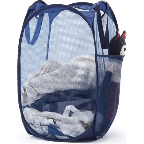 Panier à linge pliable et dépliable avec poignée robuste et poches latérales - Panier à linge pliable portable en maille bleu marine