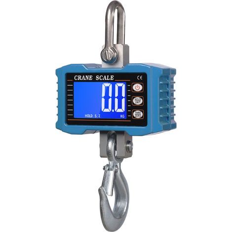 Electronic crane scale 1000 kg, digital backlit LCD display, heavy-duty industrial electronic scale, kg/lb unit switch, data hold, tare, blue (1/5)