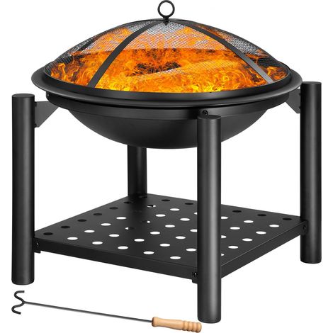 GARDEBRUK® Garden Patio Fire Pit with Cover & Poker  55cm Diameter  Outdoor Fire Basket with Protective Spark Guard, Wood Handle Poker and Storage Shelf  Parties Camping Festivals (1/5)