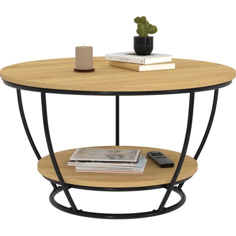 Idmarket – Table basse ronde double plateau 70 cm – Design industriel en MDF et métal – Hauteur 40,5 cm – Espace de rangement intégré (1/5)
