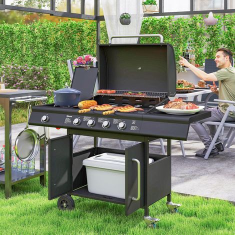 Barbecue gaz brûleur latéral table chevet placard acier PP 129,5x56x110cm, noir
