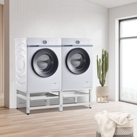 [En.Casa] – Double socle pour lave-linge et sèche-linge – Dimensions 124 x 54 x 37 cm – Étagère coulissante – Acier laqué blanc