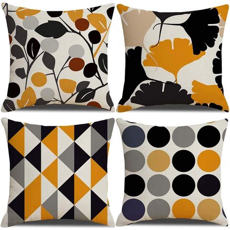 Juego de 4 fundas de cojín, algodón y lino, 45x45 cm, estampado naranja, cremallera invisible, para sofá, cama, oficina, coche.