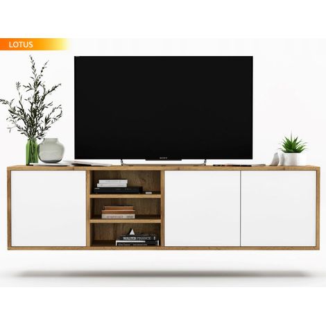 Meuble TV LOTUS 200 cm portes blanc laquées A poser ou suspendre (1/4)
