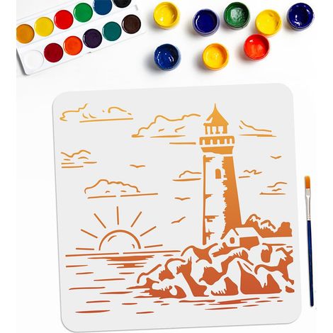 Pochoir nautique en forme de phare - Avec pinceau - Motif soleil, nuage, côte, récif, vagues - 30 x 29 cm - Réutilisable - Pour murs, travaux manuels, toile, papier (1/5)