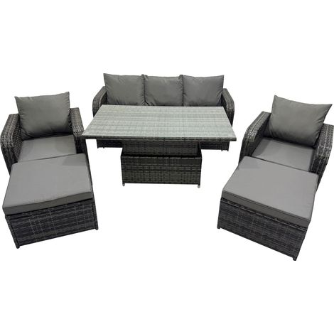 Fimous Rattan Garden Furniture Dining Set 6-seater Patio Height Adjustable Rising Lifting Table Sofa Set with 2 Big Footstools Dark Grey Mixed (1/5)