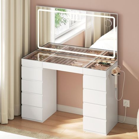 WOLTU Coiffeuse avec Grand Miroir LED, Plateau en Verre, Compartiments à Bijoux, Table de Maquillage avec Station de Charge, Blanc