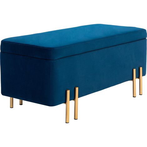 Banc rembourré avec rangement, métal, bois d'hévéa, mousse, 100 x 40 x 42 cm, bleu foncé (1/5)