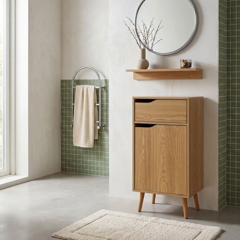 Meuble salle de bain vintage décor bois frêne 1 tiroir 1 porte - Nepal (1/5)