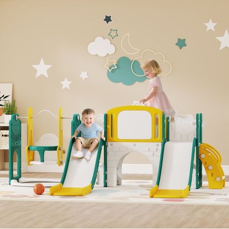 Aire de jeux 9-en-1 250x150x94 cm en plastique jaune, gain de place pour enfant FloraGrace (1/5)