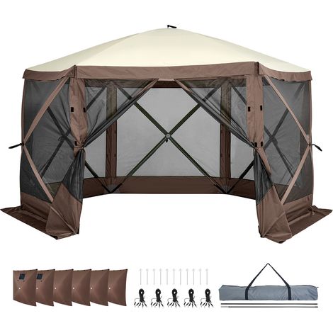 Mophorn Carpa Gazebo Pop-Up, Refugio Solar con Dosel de 6 Lados con Paneles de Privacidad Removibles y Ventanas de Malla, Carpa con Mosquitero de Montaje Rápido de 11.5 x 11.5 pies, Marrón (1/5)