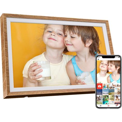 Digitaler Bilderrahmen 10,1 Zoll mit WLAN, 32 GB Speicher, IPS Touchscreen, WiFi-Fotoübertragung, elektronischer Fotorahmen, Hellbraun