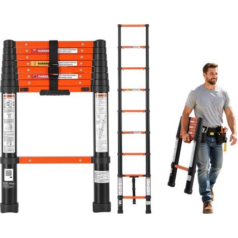 Échelle Télescopique 263 cm,Échelle Extensible en Aluminium,Rétraction à Un Bouton,Charge Max. 150 kg,Marches Antidérapantes,pour Réparations,Peinture,Camping-Car et Nettoyage de Fenêtres (1/3)