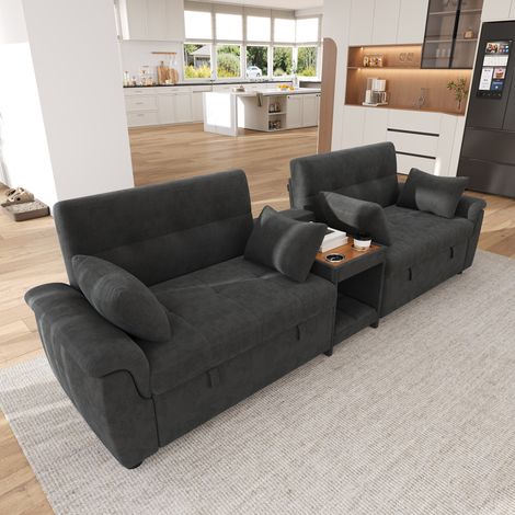 U-förmiges ausziehbares Schlafsofa, verstellbare Rückenlehne, dunkelgrauer Chenille, OKMYHOME (1/5)