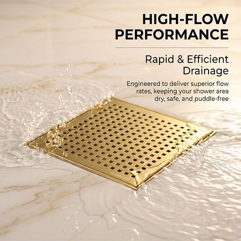 Square Shower Channel 20 x 20 cm, Siphon with Hair Strainer, Stainless Steel Drain, Floor Drain, DN50 DN40, Gold, 20 cm (1/4)