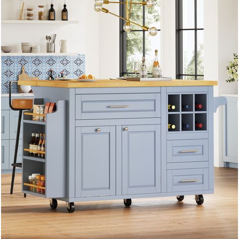 Carrello da cucina 143/75/91,5 cm in blu con piano ribaltabile e ampio spazio contenitivo (1/5)