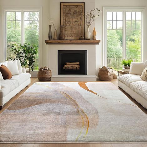 Tapis Salon à Poils Courts Antidérapant - Tapis de Chambre Moderne Abstrait, Super Doux Decoration Maison Grand Interieur Moquette, Brun/Or, 200x300cm (1/5)