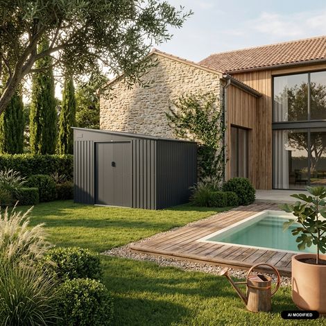Sweeek – Abri de jardin métal 8,96m² – Acier galvanisé – Dimensions L277,5 x l322 x H203 cm – Porte coulissante verrouillable – Résistance aux intempéries (1/5)