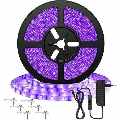 5M UV Ruban LED, Bande LED Lumière Noire,Triomphe 12V 2835 Bandeau LED Lumière Violette, 300 LEDs Ultraviolet Eclairage Ambiance pour Halloween, Noël, DJ Soirée, Disco, Body Painting, Peinture (1/5)