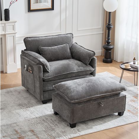 Fauteuil large en chenille grise avec repose-pieds coffre et poche latérale, 103x85x91 cm (1/5)