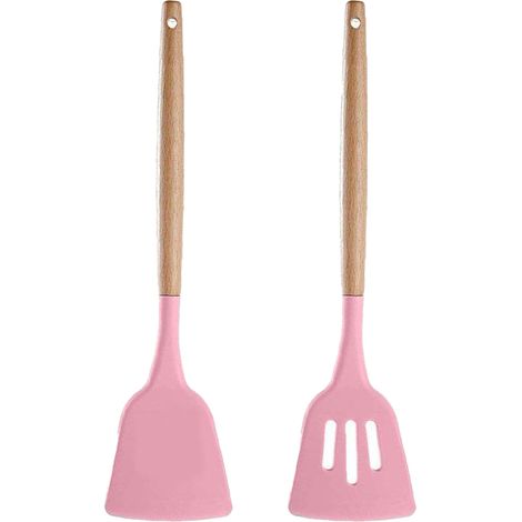 Ustensiles De Cuisine En Silicone - Poignées En Bois De Hêtre - Résistance Thermique 230°C - Set De 2 Pièces (1/5)