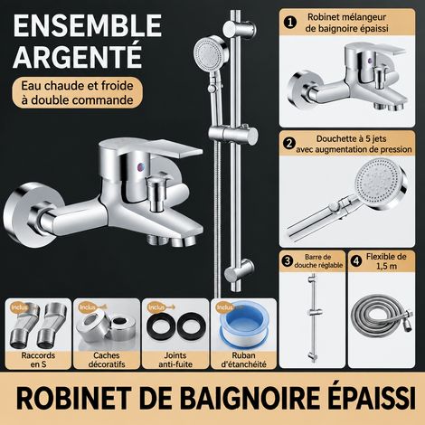 Ensemble Mitigeur de Douche Épaissi avec Douchette Pressurisée 5 Jets et Barre de Douche Réglable réf 4473 1,68 kg – Livraison gratuite
