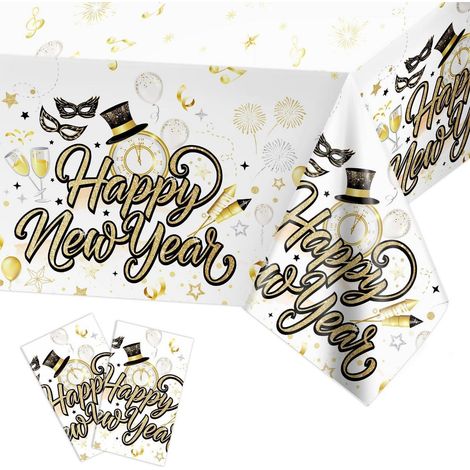 Tischdecke Silvester Deko 2027, 2 Stück Einweg-Kunststoff, 274x130cm, Weißgold